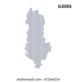 Vector abstract hatched map of Albania with vertical lines isolated on a white background.