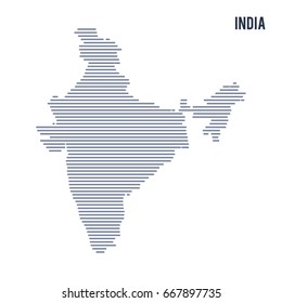 Vector abstract hatched map of India with lines isolated on a white background.