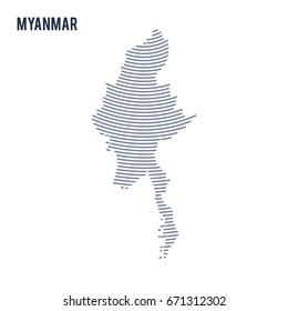 Vector abstract hatched map of Myanmar with curve lines isolated on a white background. Travel vector illustration.