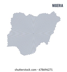 Vector abstract hatched map of Nigeria with spiral lines isolated on a white background. Travel vector illustration.