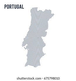 Vector abstract hatched map of Portugal with spiral lines isolated on a white background.