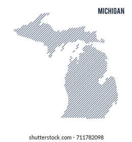 Vector abstract hatched map of State of Michigan with oblique lines isolated on a white background. Travel vector illustration.