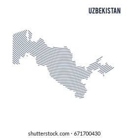 Vector abstract hatched map of Uzbekistan with curve lines isolated on a white background. Travel vector illustration.