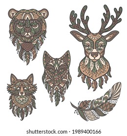 Vector abstract heads of wild forest animals: deer, wolf, bear, fox and feathers in ethnic style, zenart. Isolates on a white background