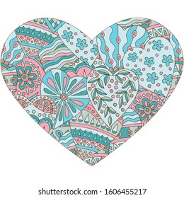 Vector abstract heart with hand-drawn patterns in beautiful pleasant colors, isolate on a white background, design for print on fabric, clothes, bags, boho style