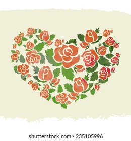 vector abstract heart made of colorful watercolor roses