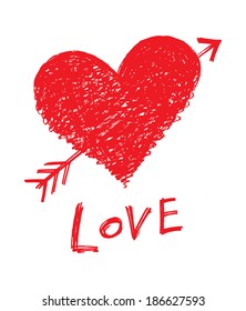 Vector abstract heart pierced by an arrow with word 
