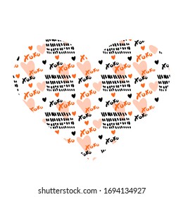 Vector abstract heart with XOXO pattern. Trendy design with hand drawn brush strokes, hearts and text for girlish, romantic, wedding, Valentine's Day concepts etc.