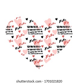 Vector abstract heart with XOXO pattern. Trendy design with hand drawn brush strokes, hearts and text for girlish, romantic, wedding, Valentine's Day concepts etc.