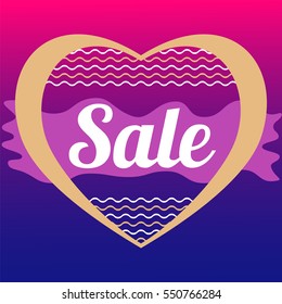Vector abstract hearts. Background color pink, purple, blue. The text on the banner and a wavy line.