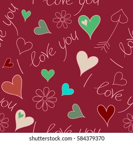 Vector abstract hearts, chamomile flower and love symbols. Festive banner and poster in green and red colors. Happy Valentines Day lettering greeting card seamless pattern.