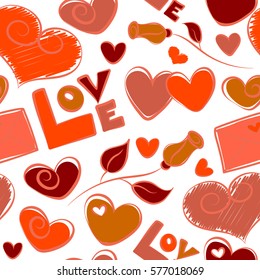 Vector abstract hearts and love symbols on a white background. Festive banner and poster in red and orange colors. Happy Valentines Day lettering greeting card seamless pattern.