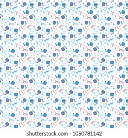 Vector abstract hearts, rose flower and love symbols. Festive banner and poster in white, blue and violet colors. Happy Valentines Day lettering greeting card seamless pattern.