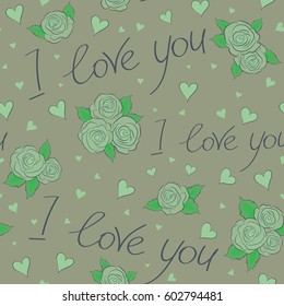 Vector abstract hearts, rose flower and love symbols on a neutral background. Festive banner and poster. Happy Valentines Day lettering greeting card seamless pattern.