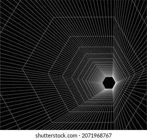 Vector. Abstract hexagon shaped tunnel on black background. Futuristic web wireframe.
