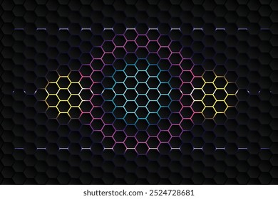 Vector abstract hexagon visulization background, Dark hexagon abstract background with green, pink and yellow colored bright flashes. Vector,energy, light technology