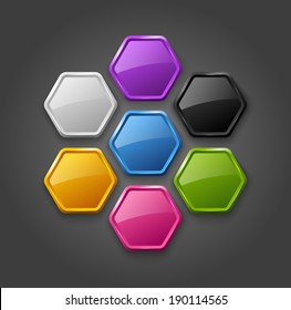 Vector abstract hexagonal glossy plastic badges. Infographic layout. 