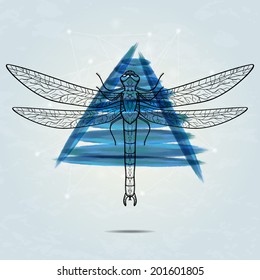 Vector abstract hipster background with watercolor triangle and dragonfly