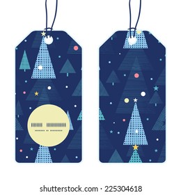 Vector abstract holiday christmas trees vertical round frame pattern tags set