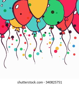Vector abstract holiday seamless horizontal background with multicolor watercolor air balloons. Design concept for birthday greeting cards, festival decoration,  flyer, banner, gift card.
