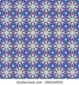 Vector abstract holographic seamless pattern in white, purple and blue colors. Geometric repeating wallpaper. Vibrant style pattern. Mandalas on the background.