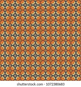 Vector abstract holographic seamless pattern in red, yellow and orange colors. Mandalas on the background. Geometric repeating wallpaper. Vibrant style pattern.