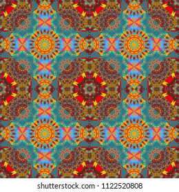 Vector abstract holographic seamless pattern in blue, brown and yellow colors. Vibrant style pattern. Geometric repeating wallpaper. Mandalas on the background.