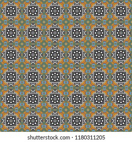 Vector abstract holographic seamless pattern in gray, blue and yellow colors. Vibrant style pattern. Geometric repeating wallpaper. Mandalas on the background.