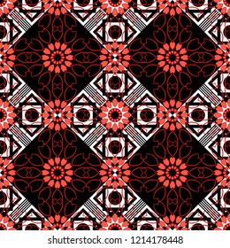 Vector abstract holographic seamless pattern in red, white and black colors. Vibrant style pattern. Geometric repeating wallpaper. Mandalas on the background.