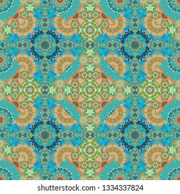 Vector abstract holographic seamless pattern in green, blue and brown colors. Vibrant style pattern. Geometric repeating wallpaper. Mandalas on the background.