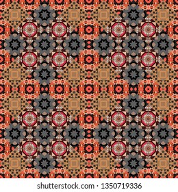 Vector abstract holographic seamless pattern in brown, gray and orange colors. Mandalas on the background. Vibrant style pattern. Geometric repeating wallpaper.