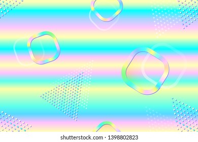 Vector abstract holographic seamless pattern with rainbow squares and triangles. Modern iridescent background.