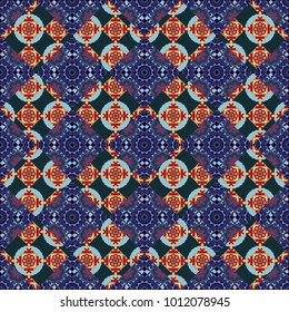 Vector abstract home decorative ornament, containing from geometric figures and mandalas. Seamless pattern in gray, red and blue colors.