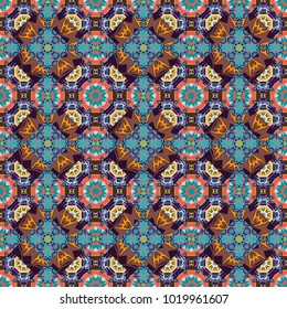 Vector abstract home decorative ornament, containing from geometric figures and mandalas. Seamless pattern in brown, violet and blue colors.