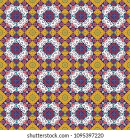 Vector abstract home decorative ornament, containing from geometric figures and mandalas. Seamless pattern in yellow, blue and gray colors.