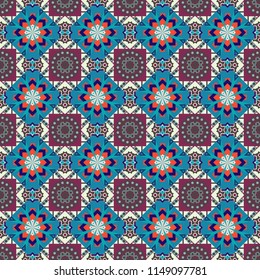 Vector abstract home decorative ornament, containing from geometric figures and mandalas. Seamless pattern in gray, purple and blue colors.