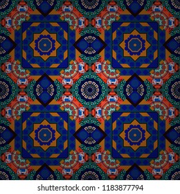 Vector abstract home decorative ornament, containing from geometric figures and mandalas. Seamless pattern in black, blue and orange colors.