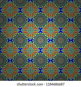 Vector abstract home decorative ornament, containing from geometric figures and mandalas. Seamless pattern in blue, green and orange colors.