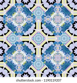 Vector abstract home decorative ornament, geometric figures and mandalas. Seamless pattern in brown, yellow and blue colors.