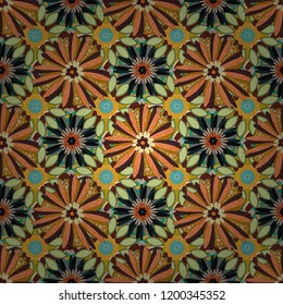 Vector abstract home decorative ornament, containing from geometric figures and mandalas. Seamless pattern in brown, orange and yellow colors.