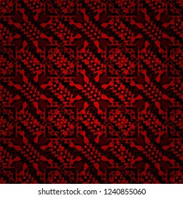 Vector abstract home decorative ornament, containing from geometric figures and mandalas. Seamless pattern in pink, red and black colors.