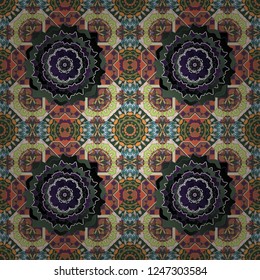 Vector abstract home decorative ornament, containing from geometric figures and mandalas. Seamless pattern in green, gray and brown colors.