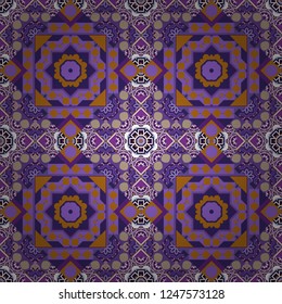 Vector abstract home decorative ornament, containing from geometric figures and mandalas. Seamless pattern in violet, brown and magenta colors.