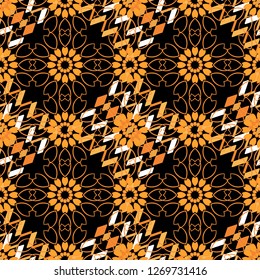 Vector abstract home decorative ornament, containing from geometric figures and mandalas. Seamless pattern in orange, black and white colors.