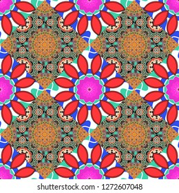 Vector abstract home decorative ornament, containing from geometric figures and mandalas. Seamless pattern in red, gray and blue colors.