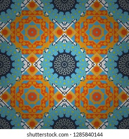 Vector abstract home decorative ornament, containing from geometric figures and mandalas. Seamless pattern in orange, green and blue colors.