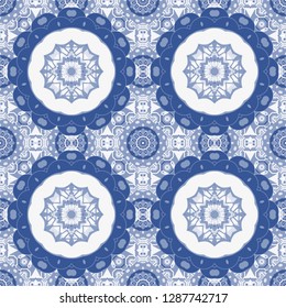 Vector abstract home decorative ornament, containing from geometric figures and mandalas. Seamless pattern in gray, blue and white colors.