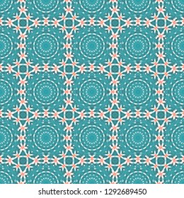 Vector abstract home decorative ornament, containing from geometric figures and mandalas. Seamless pattern in gray, blue and white colors.