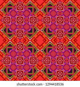 Vector abstract home decorative ornament, containing from geometric figures and mandalas. Seamless pattern in red, orange and brown colors.