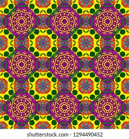 Vector abstract home decorative ornament, containing from geometric figures and mandalas. Seamless pattern in purple, yellow and green colors.